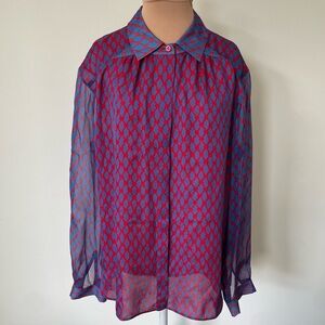 Jason Wu Miss Wu Blue Red Multi Silk Sheer Panel Long Sleeve Button Down Top 12